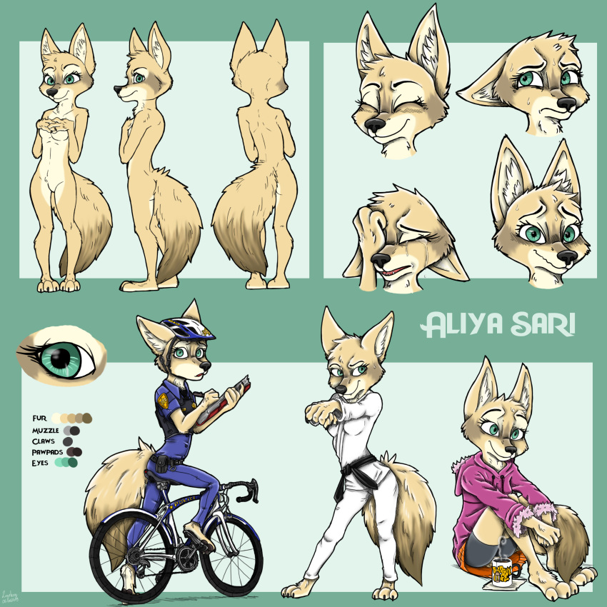 1:1 3_toes 4_fingers absurd_res aliya_sari_(readerno31142) anthro bad_guy_cafe black_nose canid canine corsac_fox corsac_vixen english_text female fingers fox fur green_eyes hi_res mammal model_sheet multicolored_body multicolored_fur multiple_poses pose sand_fur solo tan_body tan_fur text toes two_tone_body two_tone_fur ziegelzeig