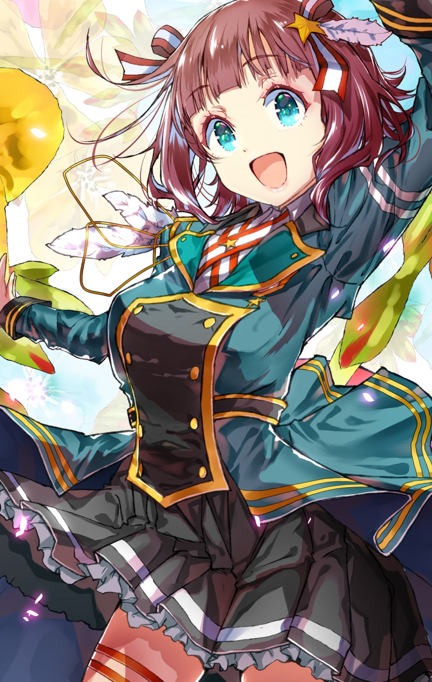 1girl :d absurdres amami_haruka arm_up bangs black_skirt blunt_bangs breasts brown_hair commentary_request cowboy_shot double-breasted eyebrows_visible_through_hair feathers floral_background frilled_skirt frills geranium green_eyes green_jacket hair_ornament hair_ribbon highres idolmaster idolmaster_million_live! idolmaster_million_live!_theater_days jacket long_sleeves looking_at_viewer medium_breasts medium_hair open_mouth outstretched_arm pleated_skirt ribbon shiny shiny_hair skirt smile solo star star_hair_ornament thigh_strap yae_(mono110)