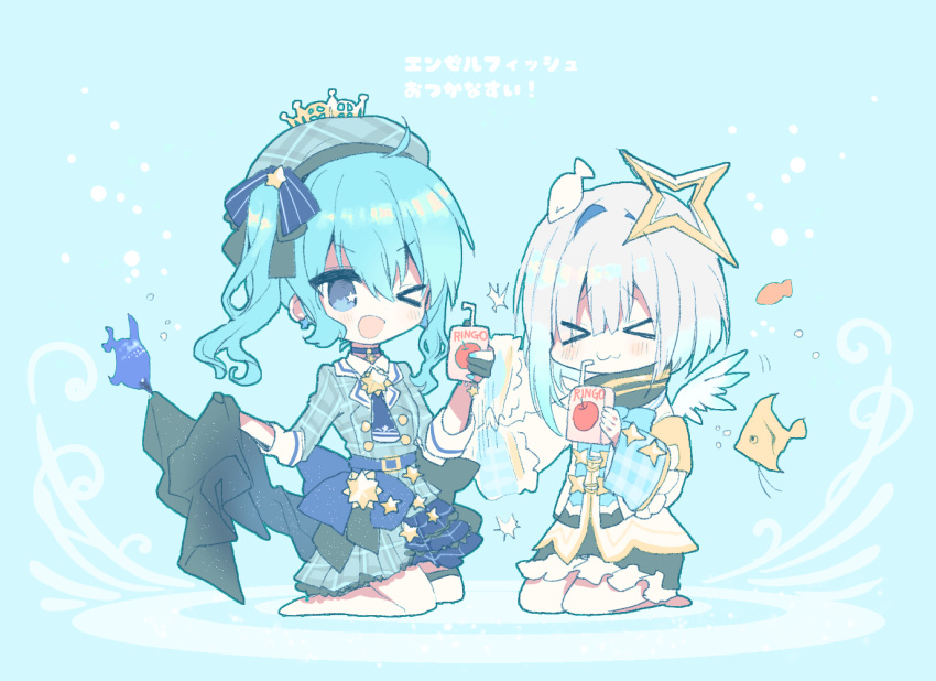 &gt;_&lt; 2girls :3 :d ;d amane_kanata angel_wings angelfish apple_juice black_gloves blue_eyes blue_hair bow bowtie chibi crown cyawa dress drinking_straw earrings fingerless_gloves gloves halo hat highlights hololive hoshimachi_suisei jewelry juice_box long_sleeves multicolored_hair multiple_girls one_eye_closed open_mouth plaid plaid_skirt plaid_vest purple_eyes seiza short_hair sitting skirt smile star star_earrings suisei_channel vest virtual_youtuber wings x3