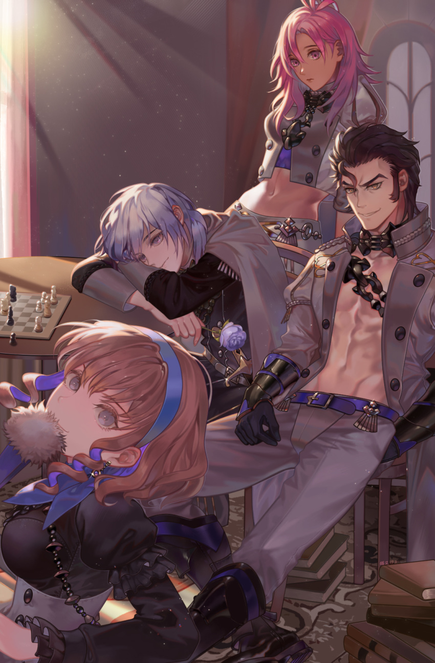 2boys 2girls abs ahoge arm_rest balthus_(fire_emblem) black_dress black_footwear black_gloves blonde_hair book book_stack boots breasts brown_hair capelet chain chair chess_piece chessboard closed_mouth commentary_request constance_von_nuvelle cropped_jacket dark_skin day double-breasted dress drill_hair earrings fan fire_emblem fire_emblem:_three_houses flower folding_fan garreg_mach_monastery_uniform gloves grey_capelet grey_jacket grey_pants grin hair_between_eyes hair_slicked_back hairband hapi_(fire_emblem) highres holding holding_flower indoors jacket jewelry lavender_hair light_particles light_smile lips long_hair long_sleeves looking_at_viewer medium_breasts midriff multicolored_hair multiple_boys multiple_girls navel open_clothes open_jacket orange_eyes pants peach_luo pink_eyes pink_hair puffy_long_sleeves puffy_sleeves purple_eyes purple_flower purple_hair purple_rose rose short_hair side_drill signature silver_eyes sitting smile sunlight table twin_drills two-tone_hair vambraces yuri_(fire_emblem)