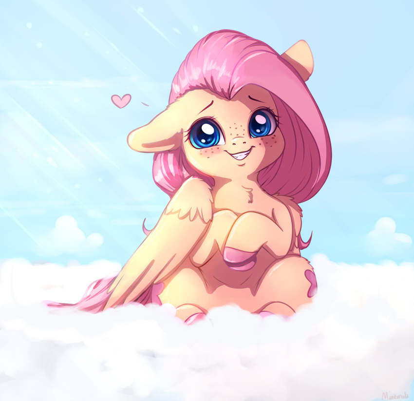 2020 absurd_res cutie_mark equid equine eyebrows eyelashes female feral fluttershy_(mlp) freckles friendship_is_magic front_view grin hi_res looking_at_viewer mammal miokomata my_little_pony outside pterippus signature sitting smile solo wings