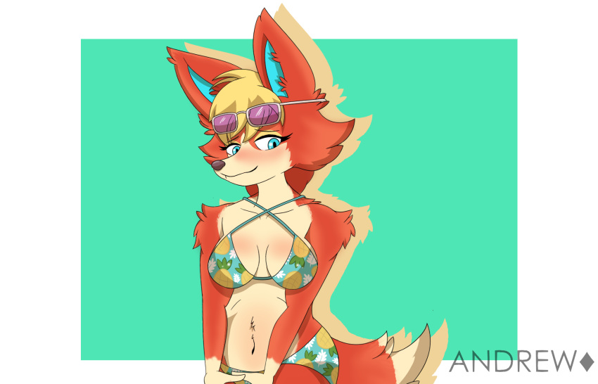 andrewgtrez animal_crossing anthro audie_(animal_crossing) bikini blonde_hair blush breasts canid canine canis clothed clothing digital_media_(artwork) eyeslashes eyewear female fur hair hi_res mammal nintendo simple_background solo swimwear video_games wolf