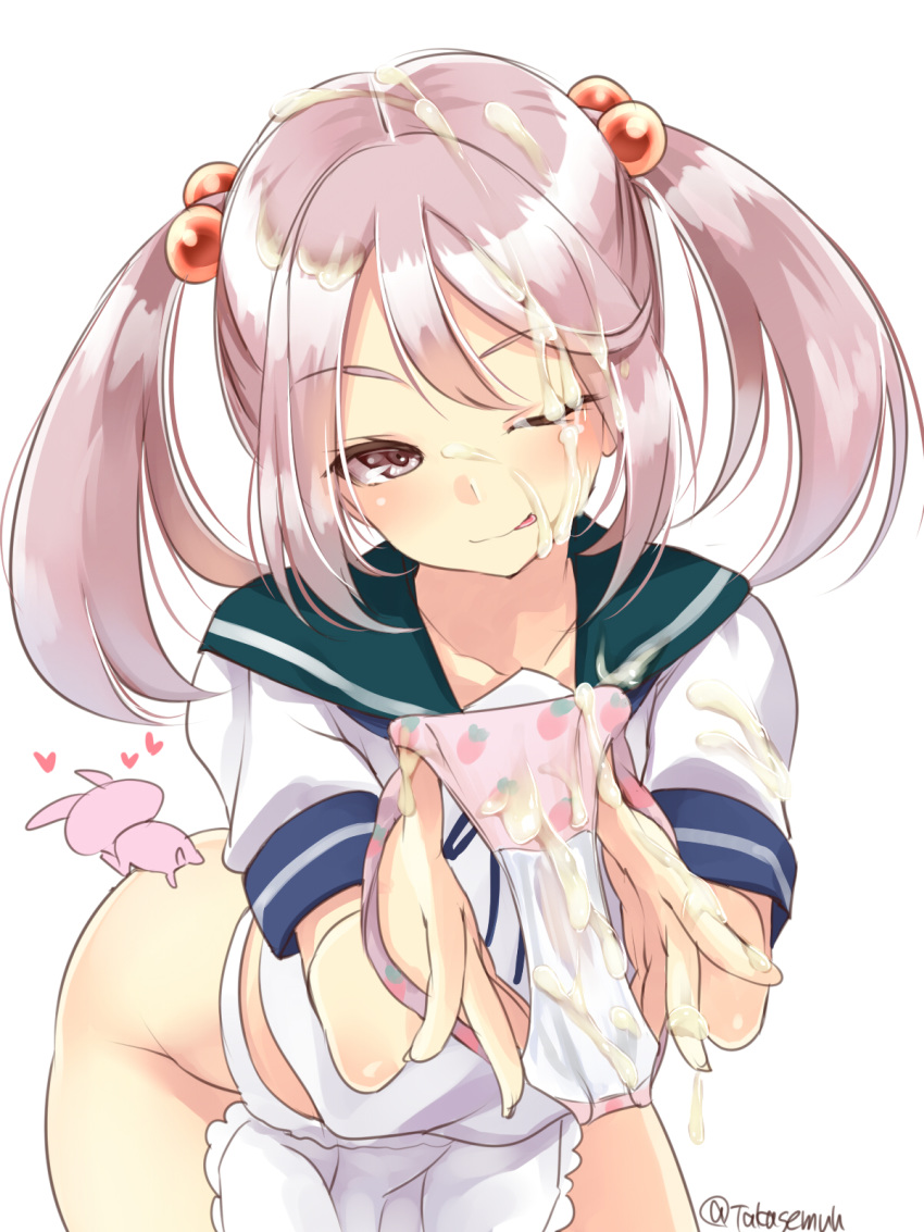 1girl apron bangs blush bottomless bunny eyebrows_visible_through_hair hair_bobbles hair_ornament heart highres holding holding_panties kantai_collection long_hair mayonnaise one_eye_closed panties panties_removed pink_eyes pink_hair pink_panties presenting_panties sailor_collar sazanami_(kantai_collection) school_uniform serafuku short_sleeves simple_background smile stained_panties takase_muu tongue twintails underwear white_background