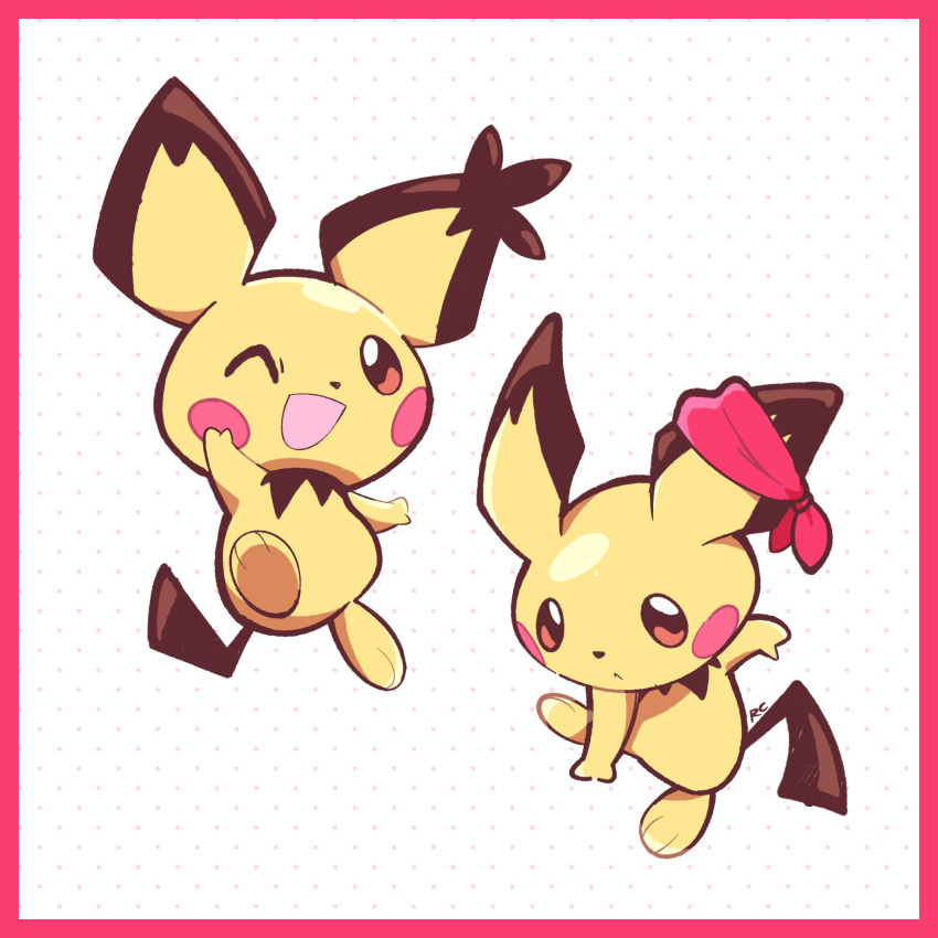 :&lt; :d ^_^ artsy-rc border closed_eyes commentary ear_ornament english_commentary gen_2_pokemon highres looking_at_viewer no_humans open_mouth pichu pokemon pokemon_(creature) polka_dot polka_dot_background red_border signature smile