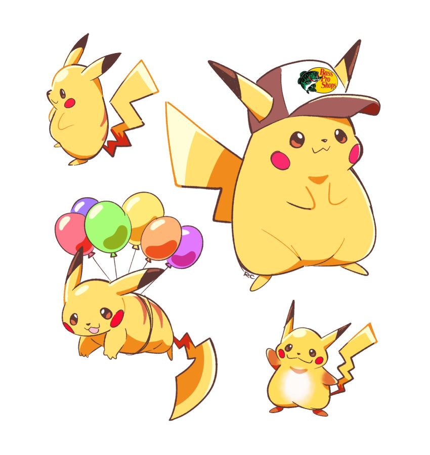 artsy-rc balloon baseball_cap bass_pro_shops clothed_pokemon commentary ears_through_headwear english_commentary floating gen_1_pokemon hat highres no_humans pikachu pokemon pokemon_(creature) signature simple_background smile white_background wide_face