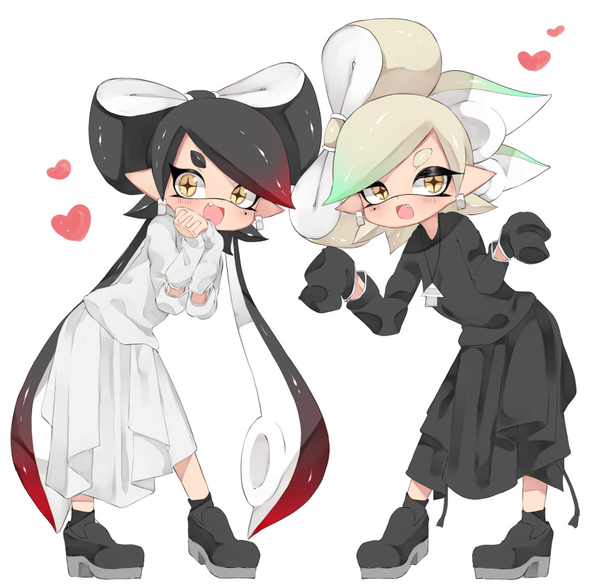 +_+ :d aori_(splatoon) black_dress black_footwear black_hair black_legwear brown_eyes commentary cousins domino_mask dress earrings fang gradient_hair green_hair grey_hair hands_together heart highres hotaru_(splatoon) interlocked_fingers jewelry leaning_forward long_dress long_hair long_sleeves looking_at_viewer mask medium_hair mole mole_under_eye multicolored_hair necklace open_mouth pointy_ears red_hair shoes simple_background sleeves_past_fingers sleeves_past_wrists smile socks splatoon_(series) standing sukeo_(nunswa08) tentacle_hair white_background white_dress