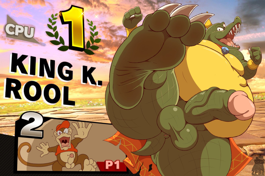 3_toes 4_fingers 5_fingers 5_toes anus ape balls belly big_belly brown_body brown_fur brown_tail cape chimpanzee claws clothed clothing crocodile crocodilian crocodylid crown detailed_background diddy_kong donkey_kong_(series) duo eye_contact feet fingers first_person_view foot_fetish foot_focus fur gem genitals green_balls green_body green_feet green_penis green_tail haplorhine hat headgear headwear hi_res humanoid_feet humanoid_genitalia humanoid_hands humanoid_penis king_k._rool looking_at_another looking_at_viewer looking_down looking_up low-angle_view male mammal navel nintendo number open_mouth partially_clothed penis primate red_cape red_clothing red_hat red_headwear reptile scalie scared sharp_teeth shirt signature soles super_smash_bros. t-shirt tan_body tan_ears tan_feet teeth text toe_claws toes tongue topwear underfoot video_games yellow_body zp92