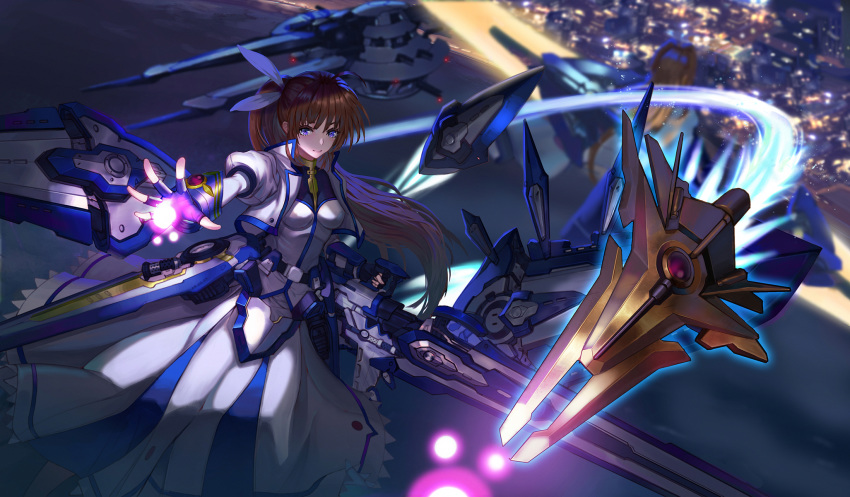 2girls bardiche blonde_hair breasts brown_hair cropped_jacket energy_ball fate_testarossa fingerless_gloves gloves highres juliet_sleeves little_owl long_hair long_sleeves looking_at_viewer lyrical_nanoha magical_girl mahou_shoujo_lyrical_nanoha mahou_shoujo_lyrical_nanoha_strikers medium_breasts multiple_girls puffy_sleeves purple_eyes raising_heart side_ponytail smile takamachi_nanoha very_long_hair