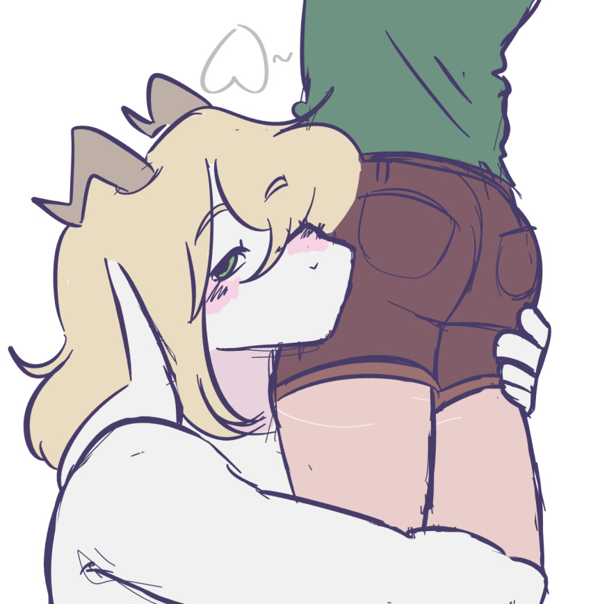 &lt;3 2020 ambiguous_gender anthro asriel_dreemurr blonde_hair blush boss_monster bovid butt caprine channydraws chara_(undertale) clothed clothing duo fur goat green_eyes hair hand_on_butt hi_res holding_butt horn human long_ears long_hair male male/ambiguous mammal simple_background sketch undertale video_games white_body white_fur