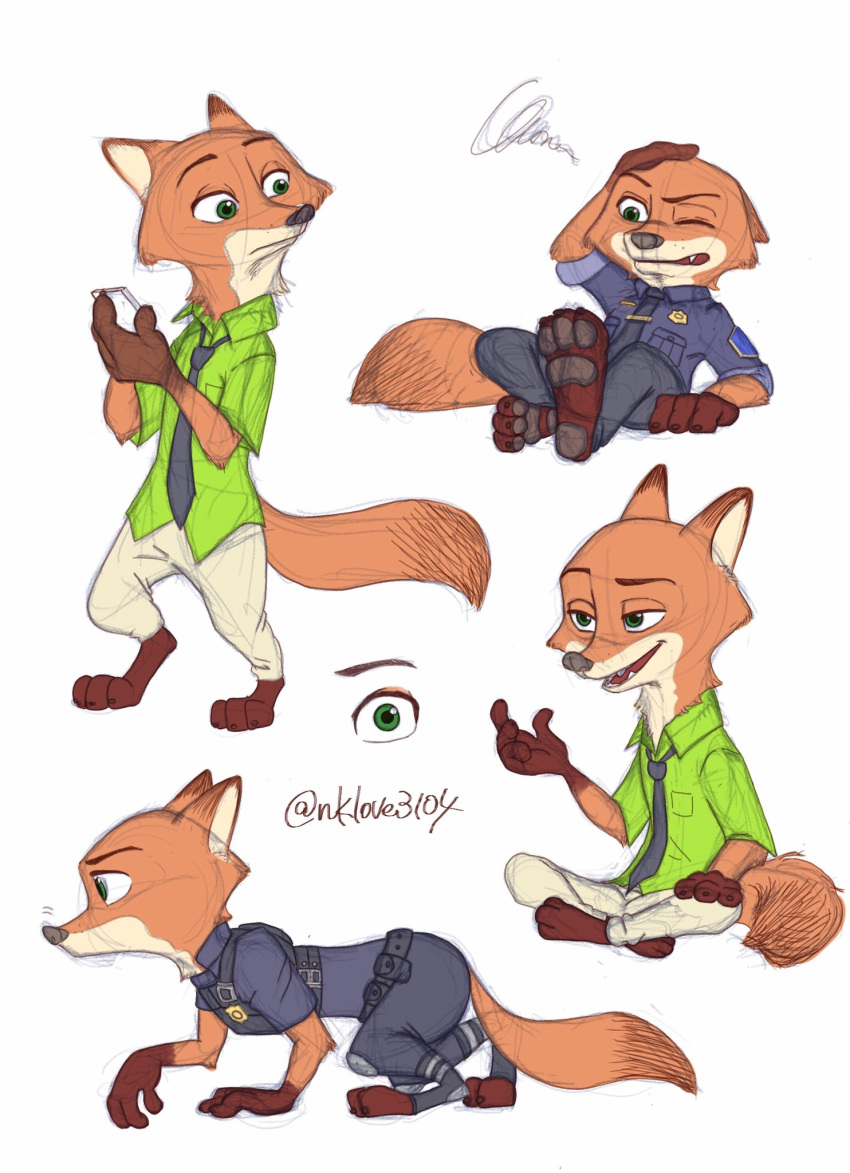 all_fours anthro bottomwear brown_body brown_fur canid canine clothed clothing disney fox fully_clothed fur hi_res holding_object mammal multiple_poses necktie nick_wilde nklove3104 pants pawpads pose red_fox shirt simple_background sitting solo standing topwear white_background zootopia