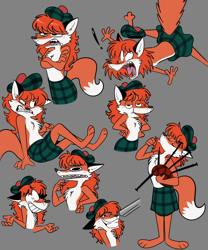 anthro bagpipes balmoral_bonnet bottomwear canid canine chest_tuft clenched_teeth clothed clothing disgust expression_sheet expressions female fox freckles grin gun hair hat headgear headwear hi_res kabula_(artist) kilt mammal musical_instrument nervous_grin paws ranged_weapon red_fox red_hair scottish smile solo teeth tongue topless tuft weapon wind_instrument woodwind_instrument