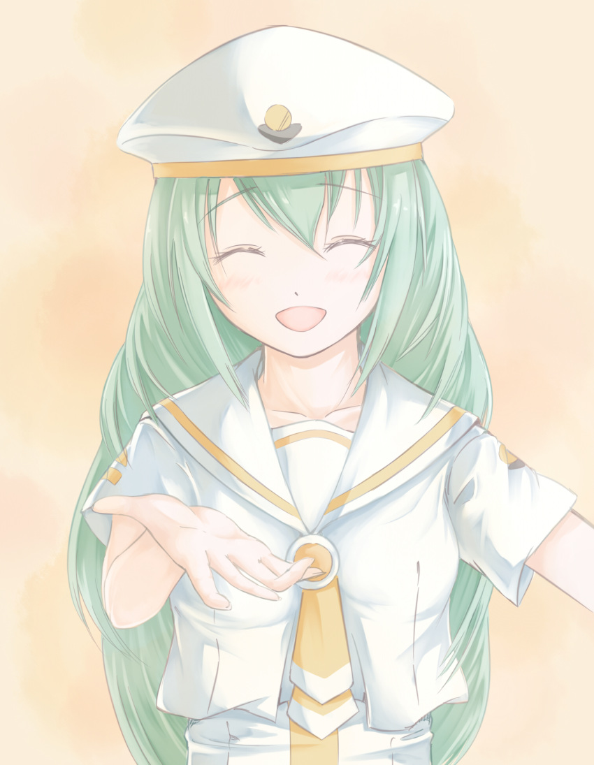 1girl :d alice_carroll aria bangs closed_eyes collarbone eyebrows_visible_through_hair facing_viewer green_hair hair_between_eyes hat highres kamehito long_hair open_mouth reaching_out sailor_collar short_sleeves smile solo upper_body very_long_hair white_background white_headwear white_sailor_collar yellow_neckwear