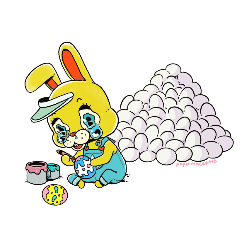 1:1 2020 animal_crossing anthro bodily_fluids clothing crying easter_egg hi_res lagomorph leporid mammal nintendo overalls papermachette rabbit simple_background sitting solo tears video_games white_background yellow_body zipper_t._bunny
