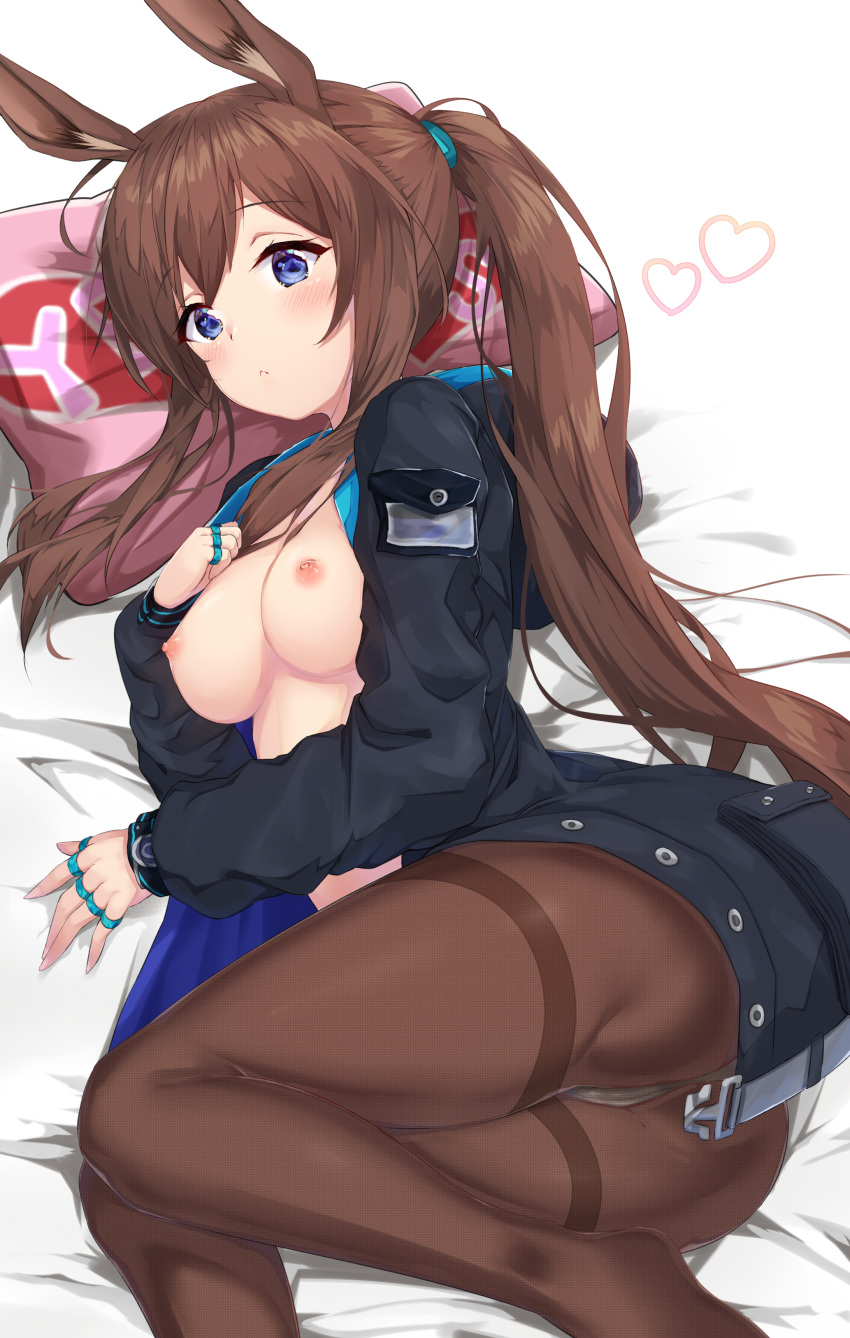 1girl absurdres amiya_(arknights) animal_ears arknights ass blue_eyes breasts brown_hair bunny_ears bunny_girl commentary_request hair_between_eyes hand_on_own_chest hand_up heart highres jacket jewelry long_hair lying medium_breasts multiple_rings nipples no_bra no_shirt on_bed on_side open_clothes open_jacket panties panties_under_pantyhose pantyhose ponta_(velmar) ponytail ring solo thighs underwear very_long_hair yes yes-no_pillow