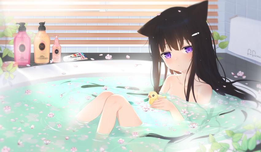 1girl animal_ears artist_name bangs bath bathing bathtub black_hair blush breasts cat_ears closed_mouth collarbone commentary english_commentary flower flower_on_liquid fufumi hair_ornament hairclip highres indoors knees_together_feet_apart knees_up long_hair looking_at_viewer nude original partially_submerged petals petals_on_liquid pink_flower purple_eyes ripples rubber_duck shampoo_bottle small_breasts solo towel very_long_hair water