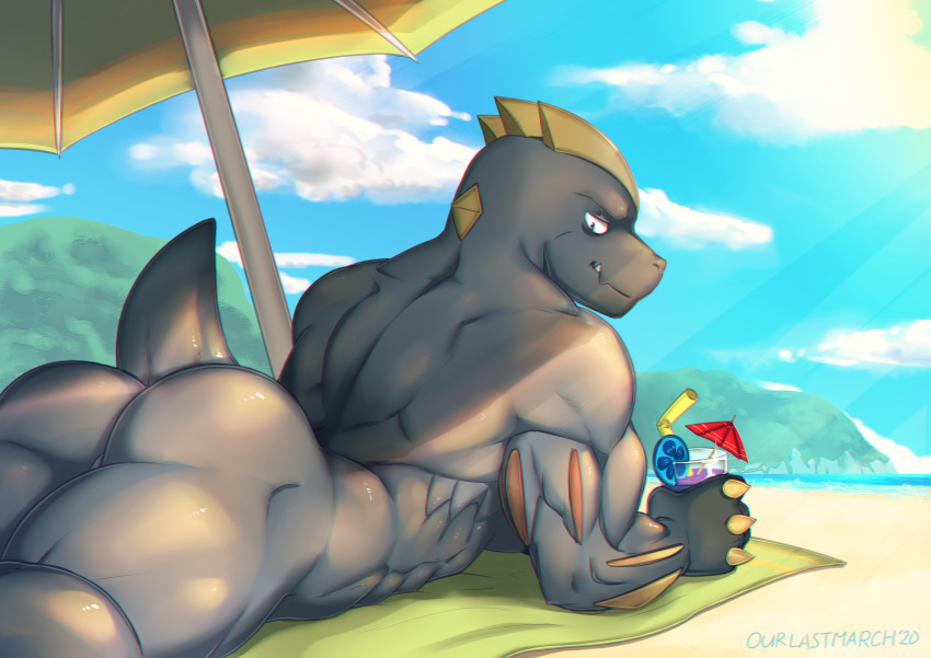 absurd_res anthro beach beverage biceps biped blue_sky butt cloud day detailed_background glass grey_body hi_res holding_glass holding_object lemon_slice looking_at_viewer looking_back lying machoke male muscular muscular_male nintendo nude nude_beach on_front ourlastmarch outside parasol pecs pok&eacute;mon pok&eacute;mon_(species) raised_tail rear_view sand sea seaside sharp_teeth short_tail sky solo stealth_mig-29 straw sun_rays teeth towel video_games water