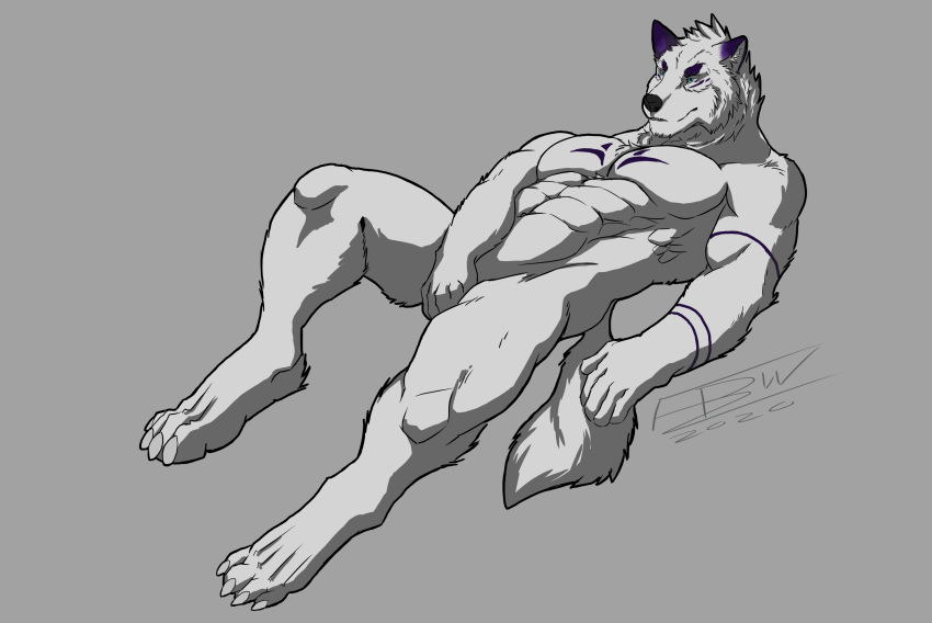 absurd_res anthro canid canine canis fullbodywolf fur hi_res lying male mammal mar muscular muscular_male pecs purple_ears relaxing solo stripes white_body white_fur wolf