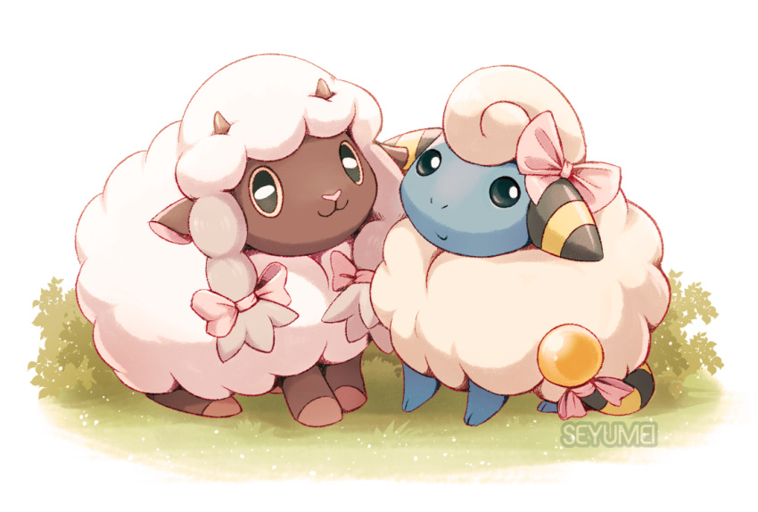 ambiguous_gender bow duo english_text grass horn mareep nintendo pok&eacute;mon pok&eacute;mon_(species) seyumei sitting smile text video_games watermark wooloo