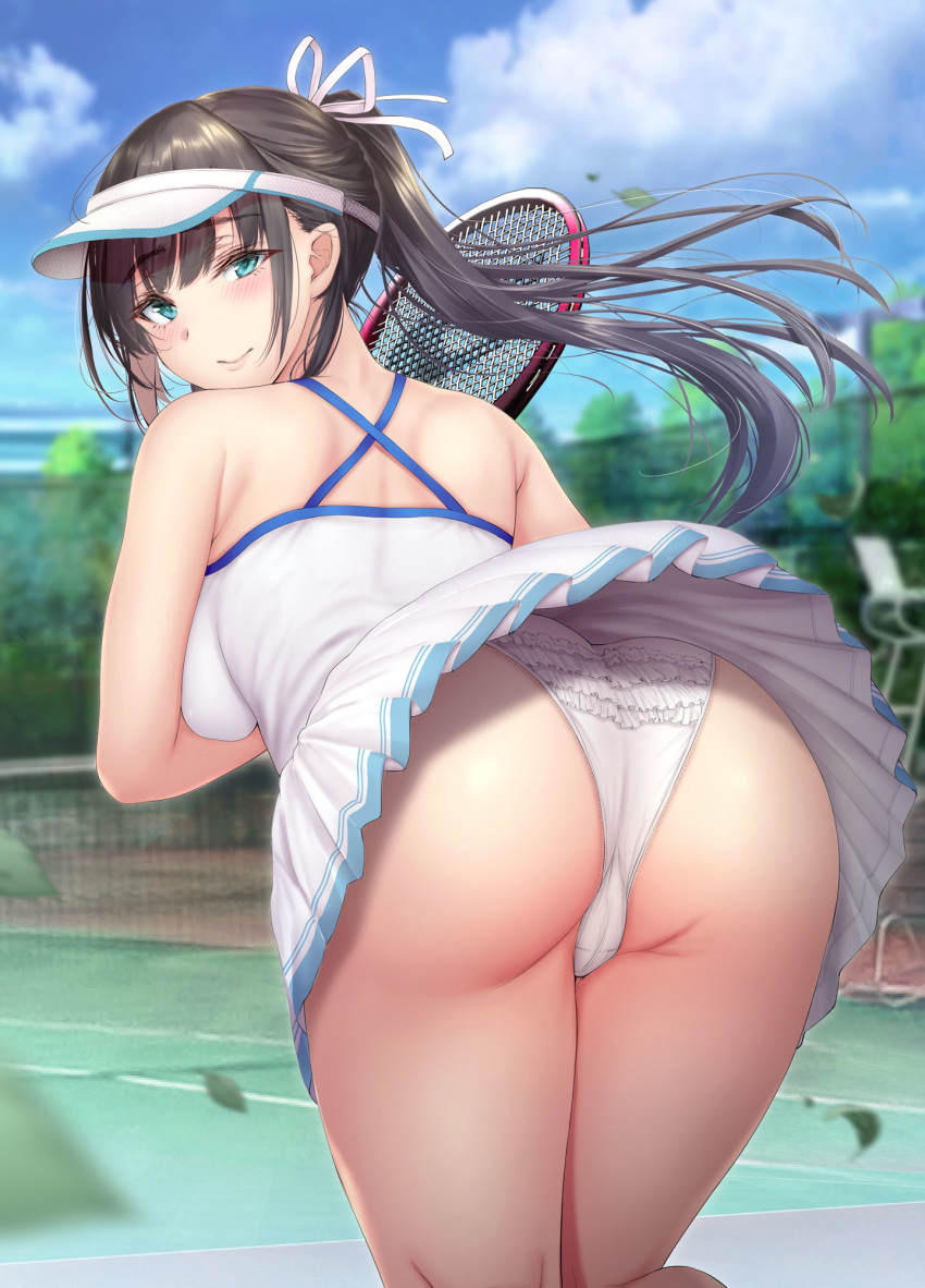 1girl ass back bangs blurry blush breasts commentary_request depth_of_field dress eyebrows_visible_through_hair floating_hair frilled_panties frills gentsuki highres long_hair looking_at_viewer miniskirt original outdoors panties pantyshot pantyshot_(standing) pleated_skirt ponytail racket short_dress skirt sky smile solo sportswear standing tennis tennis_court tennis_net tennis_racket tennis_uniform underwear visor_cap white_panties wind wind_lift