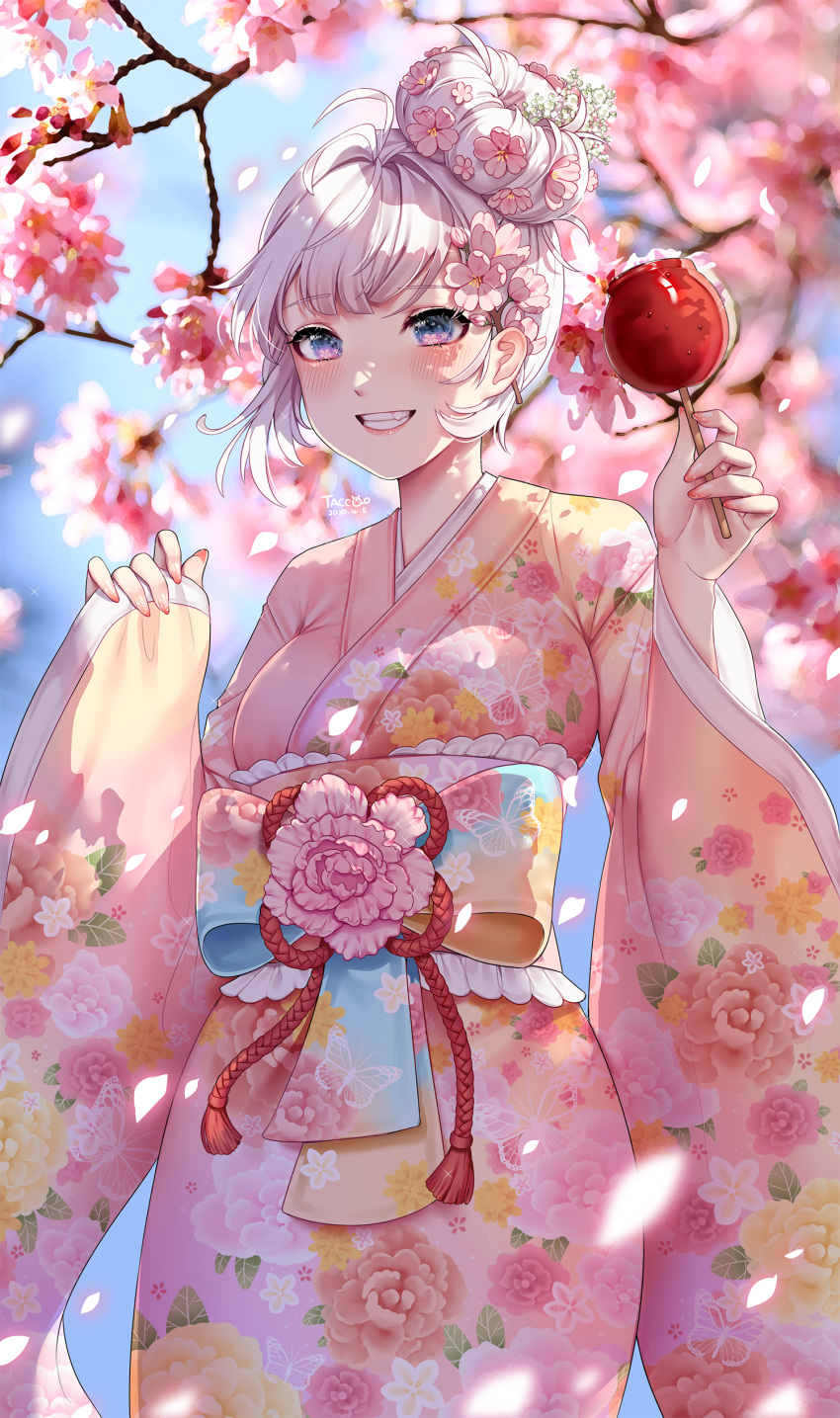 1girl absurdres ahoge artist_name bangs beige_kimono blue_eyes blurry blurry_background blush breasts candy_apple cherry_blossoms commentary dated eyebrows_visible_through_hair floral_print flower food hair_flower hair_ornament highres holding japanese_clothes kimono long_sleeves looking_at_viewer medium_breasts medium_hair multicolored multicolored_clothes multicolored_kimono original outdoors pink_flower pink_kimono pink_nails smile solo tacco_(tikeworld) teeth white_hair wide_sleeves