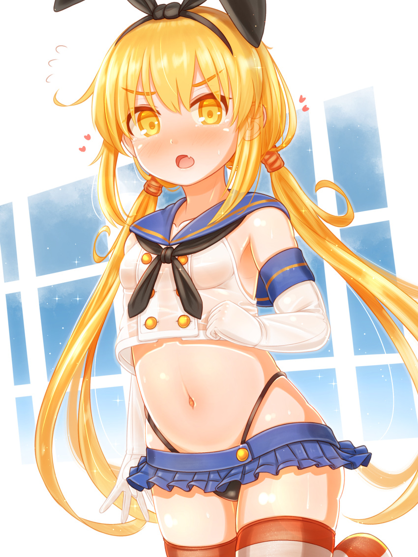 1girl absurdres black_neckwear black_panties blonde_hair blue_sailor_collar blue_skirt blush collarbone cosplay cowboy_shot crop_top elbow_gloves eyebrows_visible_through_hair fang flying_sweatdrops gloves hair_between_eyes heart highleg highleg_panties highres kantai_collection long_hair low_twintails microskirt navel neckerchief open_mouth panties pleated_skirt sailor_collar satsuki_(kantai_collection) school_uniform serafuku shimakaze_(kantai_collection) shimakaze_(kantai_collection)_(cosplay) skirt sleeveless solo striped striped_legwear suzushiro_(gripen39) thighhighs twintails underwear white_gloves yellow_eyes