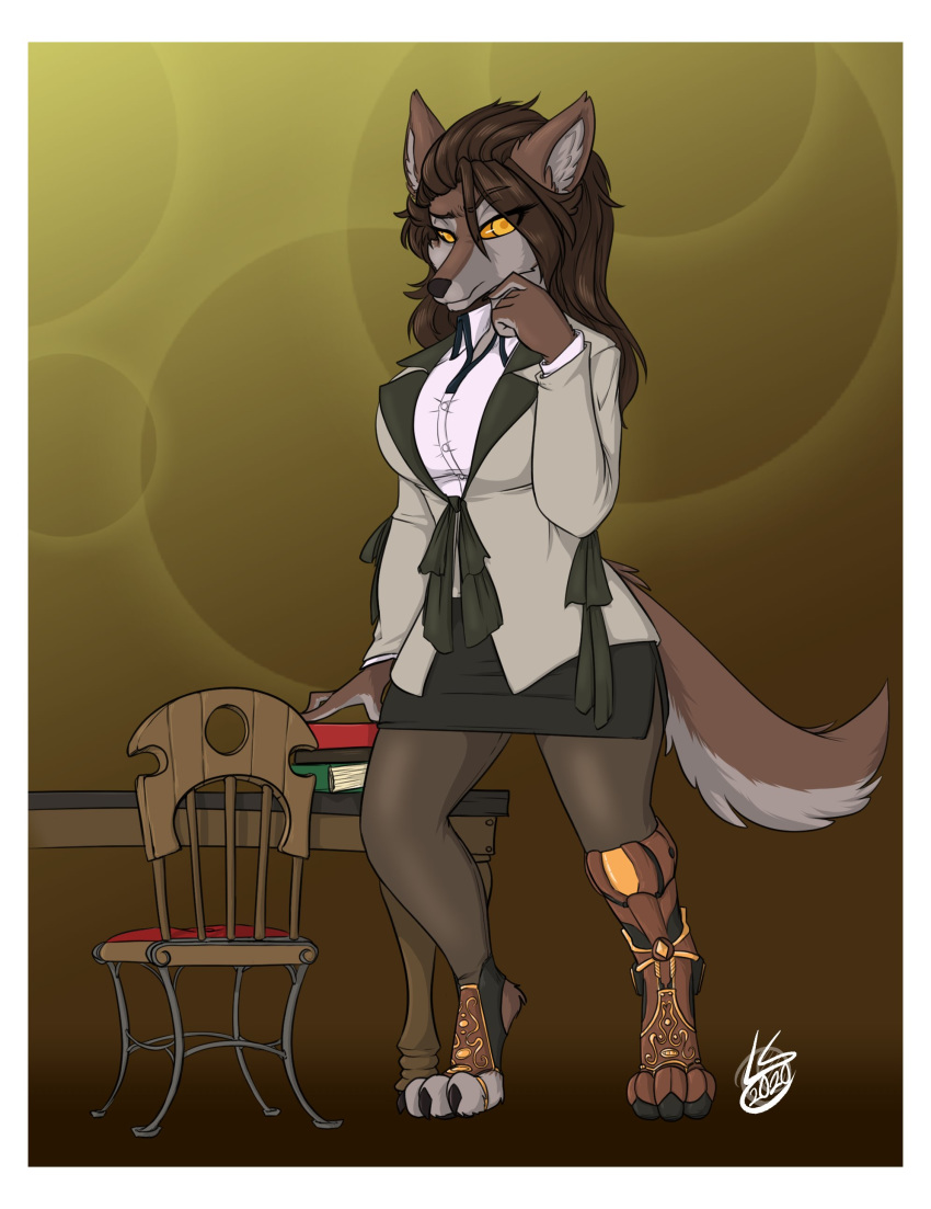 absurd_res anthro big_breasts book breasts brown_body brown_fur canid canine canis chair clothed clothing cybernetic_leg cybernetics female fur furniture hi_res lunarspy machine mammal solo table wolf