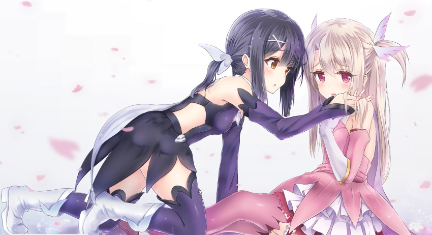 1girl 2girls :o artist_request bangs bare_shoulders black_hair blush boots breasts brown_eyes commentary_request detached_sleeves dress eyebrows_visible_through_hair fate/kaleid_liner_prisma_illya fate_(series) from_side gloves hair_ornament hairclip highres illyasviel_von_einzbern kneeling long_hair long_sleeves looking_at_viewer miyu_edelfelt multiple_girls on_ground pink_dress pink_eyes pink_legwear prisma_illya purple_legwear red_eyes sitting small_breasts thighhighs white_footwear white_gloves x_hair_ornament
