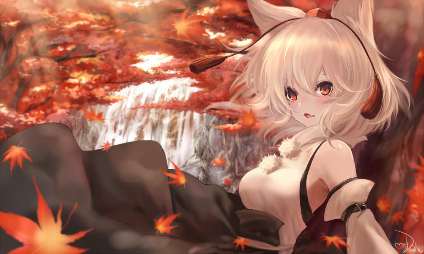 autumn dqn_(dqnww) inubashiri_momiji leaves touhou tree water waterfall wolfgirl