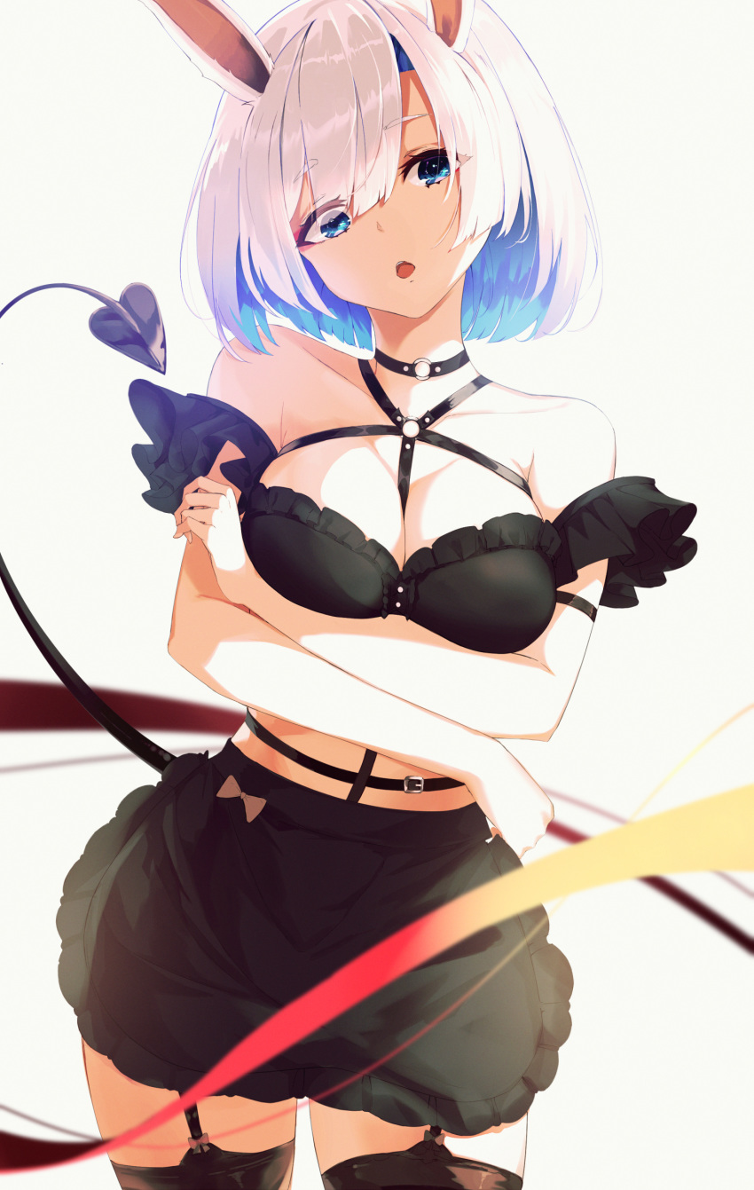 1girl :o absurdres animal_ears bangs bare_shoulders black_bra black_choker black_legwear black_skirt blue_eyes blue_hair bra breasts bunny_ears choker cleavage commentary_request copyright_request cowboy_shot crossed_arms demon_tail eyebrows_visible_through_hair frilled_skirt frills garter_straps head_tilt highres kooemong looking_at_viewer medium_breasts miniskirt multicolored_hair o-ring o-ring_choker open_mouth short_hair silver_hair simple_background skirt strap_slip tail thighhighs two-tone_hair underwear white_background zettai_ryouiki