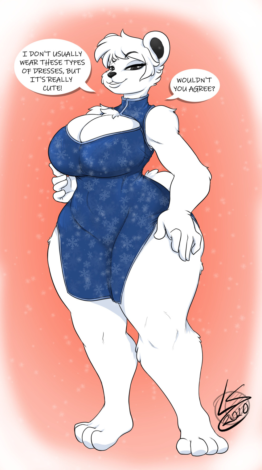 absurd_res anthro big_breasts breasts chest_tuft cleavage clothed clothing dialogue dress english_text female hand_on_hip hi_res lunarspy mammal nadenka_(jwinkz) polar_bear solo text thick_thighs tuft ursid ursine wide_hips