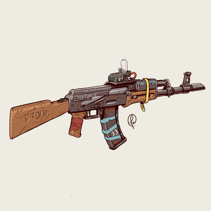 ak-47 assault_rifle commentary copyright_name duct_tape fernando_correa from_side grey_background gun highres metro_2033 no_humans original rifle russian_text scope signature simple_background weapon