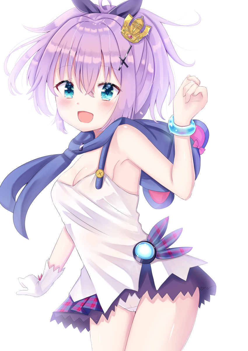 1girl absurdres animal_ears aqua_eyes azur_lane bangs bare_shoulders blush bow breasts cleavage cross_hair_ornament crown eyebrows_visible_through_hair gloves hair_between_eyes hair_bow hair_ornament hair_ribbon highres javelin_(azur_lane) long_hair looking_at_viewer mini_crown nibosisuzu open_mouth panties pantyshot ponytail purple_hair purple_skirt ribbon simple_background skirt small_breasts smile solo thighs tilted_headwear underwear white_background white_camisole white_panties