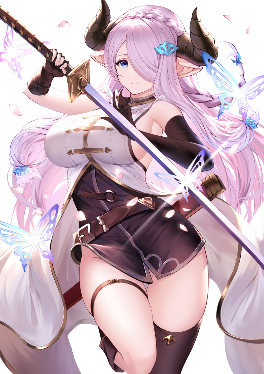 garter granblue_fantasy higandgk horns narumeia_(granblue_fantasy) no_bra nopan pointy_ears skirt_lift sword thighhighs