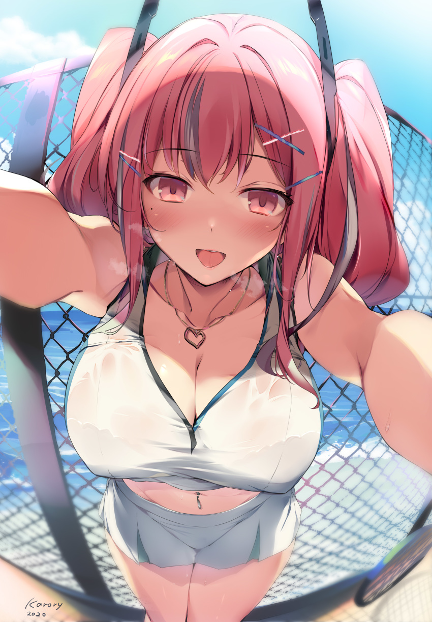 1girl 2020 absurdres artist_name azur_lane bangs bare_shoulders blush breasts bremerton_(azur_lane) bremerton_(scorching-hot_training)_(azur_lane) cleavage collarbone commentary_request crop_top eyebrows_visible_through_hair hair_between_eyes hair_ornament hairclip heart heart_necklace heavy_breathing highres karory large_breasts long_hair looking_at_viewer mole mole_under_eye multicolored_hair navel navel_piercing open_mouth outstretched_arms piercing pink_eyes pink_hair pov see-through shirt sidelocks signature skirt sleeveless sleeveless_shirt smile sportswear standing streaked_hair sweat tennis_uniform twintails two-tone_skirt wet wet_clothes x_hair_ornament