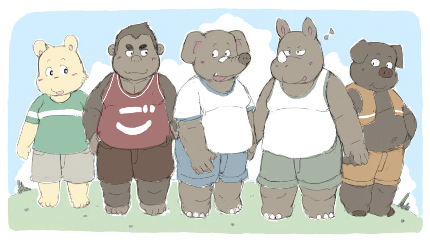 16:9 2013 anthro ape belly bottomwear clothing domestic_pig elephant elephantid gorilla group haplorhine hi_res kemono male mammal overweight overweight_male primate proboscidean rhinocerotoid ruco shirt shorts suid suina sus_(pig) topwear ursid widescreen young