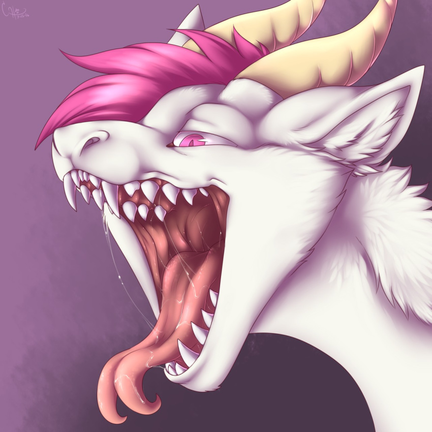 1:1 2016 bodily_fluids corriezodori digital_media_(artwork) dragon fangs feral forked_tongue fur furred_dragon gaping_mouth hair headshot_portrait hi_res horn inner_ear_fluff male mouth_shot nylla open_mouth pink_eyes pink_hair pink_tongue portrait purple_background saliva saliva_string short_hair signature simple_background solo tan_horn teeth tongue tongue_out tuft white_body white_fur