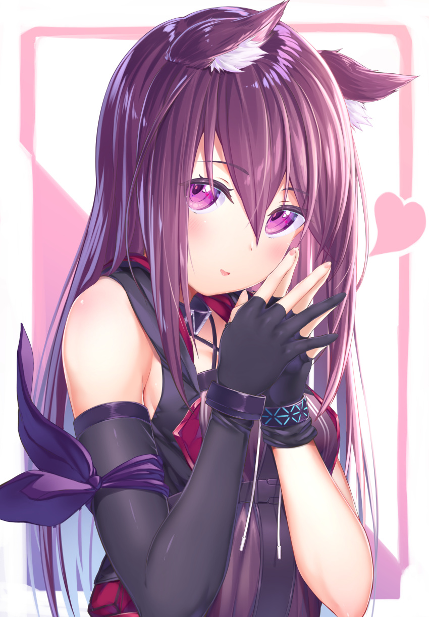 1girl absurdres animal_ear_fluff animal_ears arknights armband asymmetrical_gloves black_dress black_gloves blush bracelet breasts cat_ears dress elbow_gloves eyebrows_visible_through_hair gloves hair_between_eyes hands_together heart highres jewelry long_hair looking_at_viewer medium_breasts melantha_(arknights) parted_lips pink_background purple_eyes purple_hair simple_background solo takechii_(user_fpya5735) two-tone_background upper_body white_background