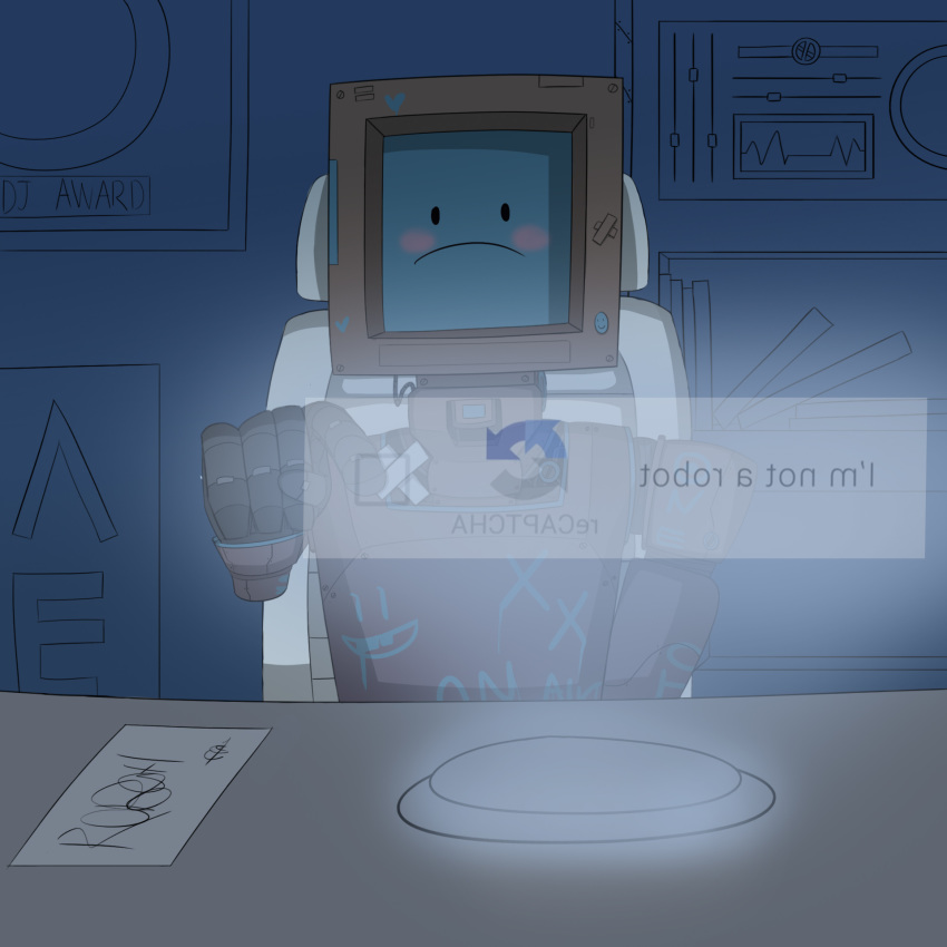 1boy =d artist_request backwards_text blush_stickers captcha chair commentary crossed_bandaids cytus english_commentary english_text frame frown google heart highres holographic_interface monitor monochrome_background no_humans pointing robo_head_(cytus) robot robot_joints smiley_face solo wire