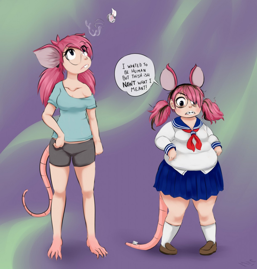 2019 annoyed anthro anthro_to_human armor barefoot before_and_after blush bottomwear bracers breast_shrinking breasts buckteeth clothing dialogue eyewear fake_ears fake_tail female glasses hair hi_res human looking_up mammal mentalcrash murid murine pigtails pink_hair rat rodent school_uniform shirt shorts shrinking simple_background solo species_transformation standing teeth topwear transformation uglification uniform weight_gain