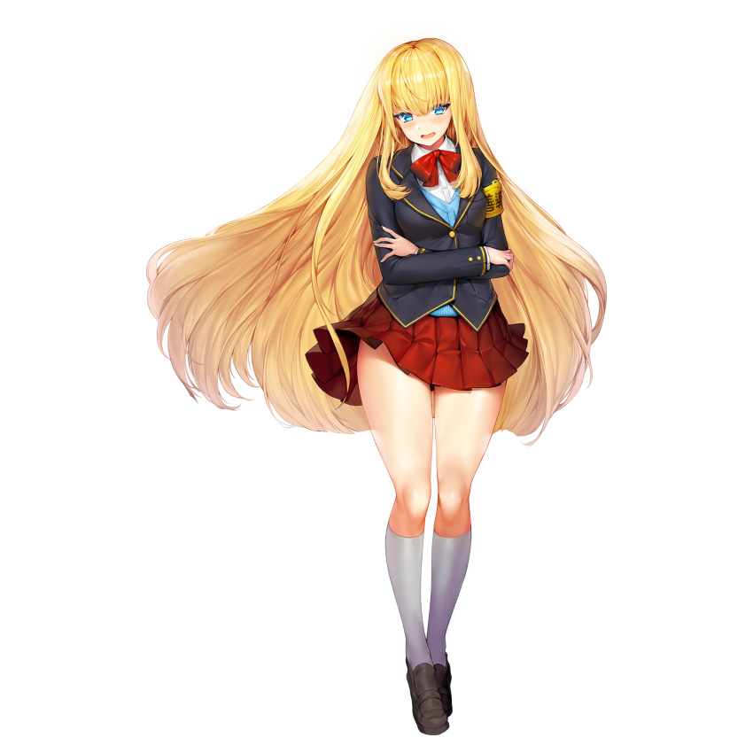 1girl armband bangs blonde_hair blue_eyes blush brown_footwear cardinal_armand crossed_arms full_body highres kneehighs last_origin loafers long_hair official_art open_mouth pleated_skirt red_skirt school_uniform shoes sidelocks skirt snowball22 solo tachi-e transparent_background very_long_hair white_legwear