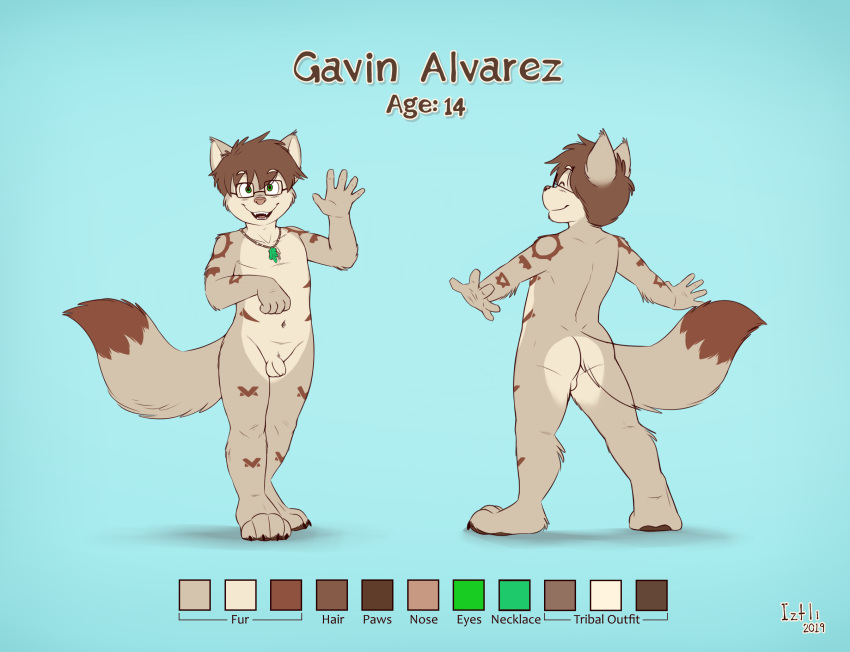 2019 4_toes 5_fingers anthro backsack balls butt canid canine claws dipstick_tail english_text eyewear fingers flaccid fox fur gavin_alvarez genitals glasses hair hi_res humanoid_hands iztli male mammal model_sheet multicolored_tail open_mouth penis perineum solo tan_body tan_fur teeth text toe_claws toes young