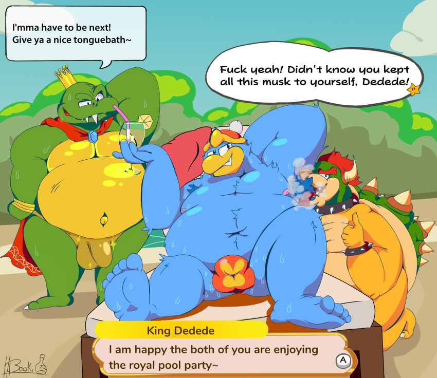 2020 absurd_res anthro armpit_hair avian balls belly bird blue_body body_hair bowser bulge clothing donkey_kong_(series) el_booki english_text flaccid genitals green_body group hi_res king_dedede king_k._rool kirby_(series) koopa kremling licking male male/male mario_bros moobs musk navel nintendo nipples outside overweight overweight_male penguin penis profanity scalie sitting super_smash_bros. super_smash_bros._ultimate text tongue tongue_out underwear video_games