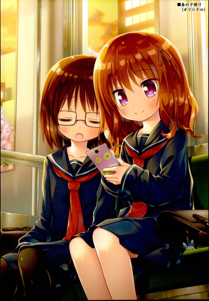 2girls absurdres bangs black_legwear black_sailor_collar black_serafuku black_shirt black_skirt blush brown_hair building cellphone cherry_blossoms closed_eyes closed_mouth cloud collarbone commentary_request evening eyebrows_visible_through_hair glasses hair_between_eyes hair_ribbon highres holding holding_phone long_sleeves multiple_girls necktie open_mouth original pantyhose phone pleated_skirt purple_eyes red_neckwear ribbon sailor_collar school_briefcase school_uniform serafuku shirt sitting skirt sky skyscraper sleeping sleeves_past_wrists smile spring_(season) train_interior upper_teeth window yellow_ribbon yukino_minato