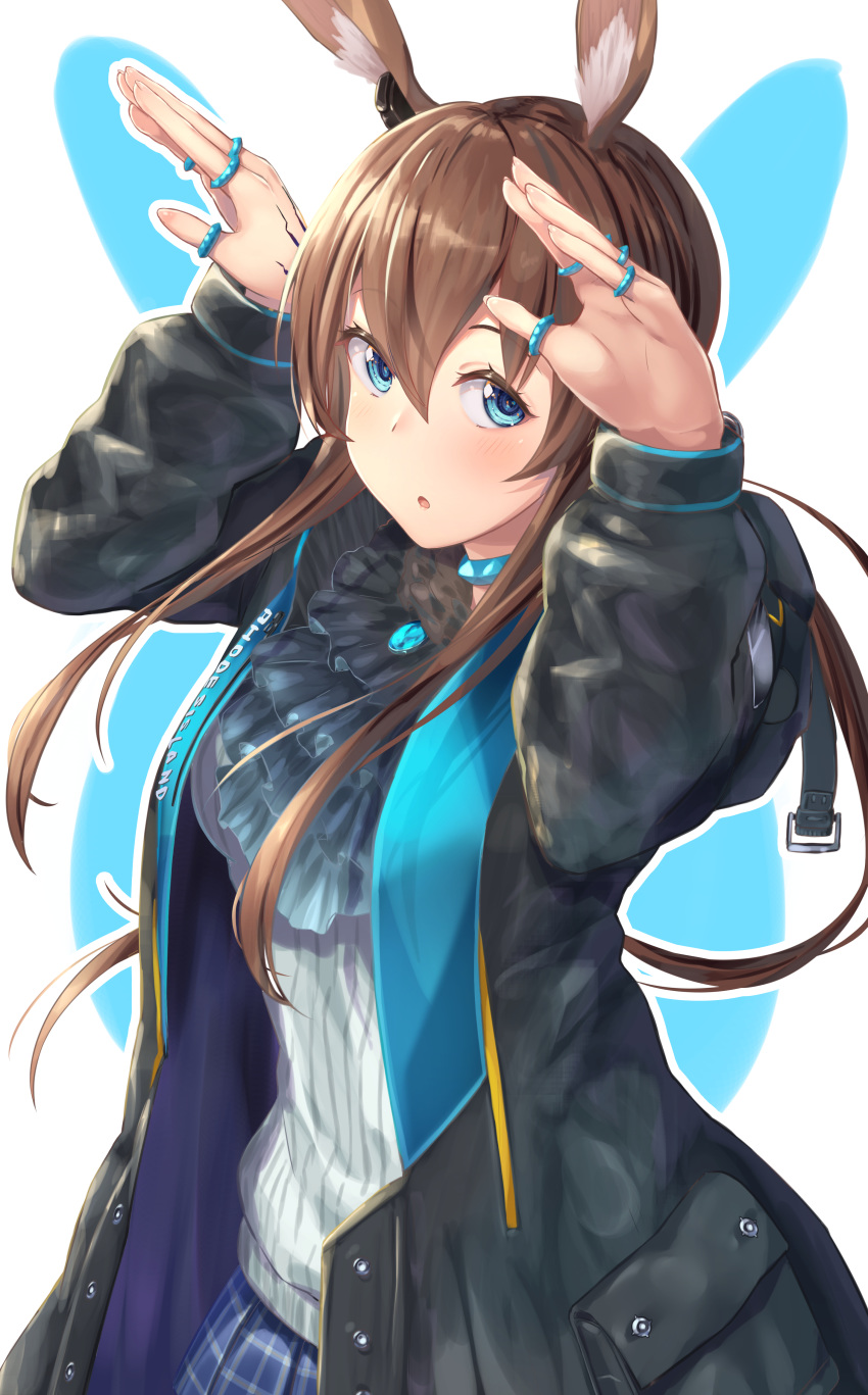 1girl absurdres amiya_(arknights) animal_ears arknights black_jacket blue_background blue_eyes blue_skirt blush brown_hair bunny_ears bunny_pose collar cowboy_shot earpiece eyebrows_visible_through_hair eyelashes frilled_collar frills hair_between_eyes highres jacket jewelry long_hair long_sleeves looking_at_viewer multiple_rings neck_ring outline parted_lips pendant plaid plaid_skirt ribbed_sweater ring simple_background skirt solo sweater takechii_(user_fpya5735) two-tone_background white_background white_sweater