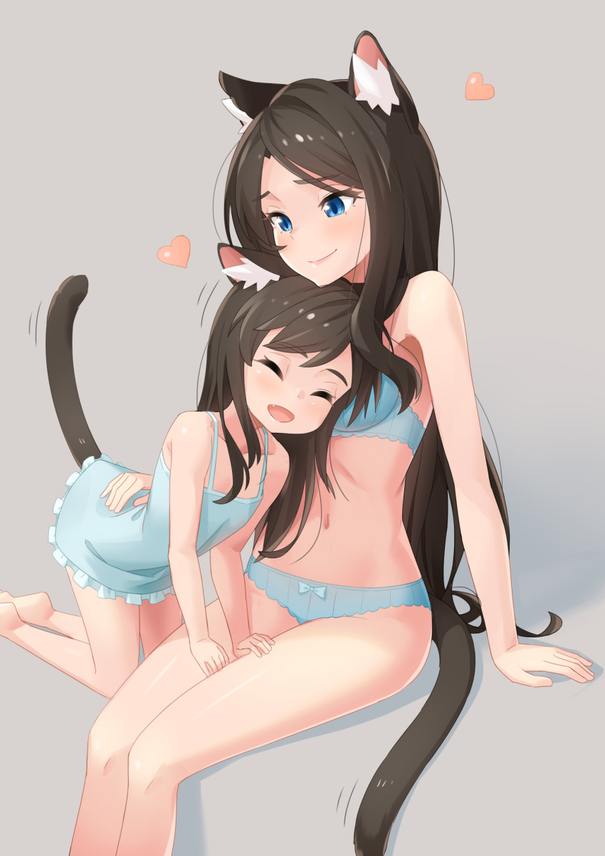 2girls all_fours animal_ear_fluff animal_ears barefoot black_hair blue_bra blue_camisole blue_eyes blue_panties bra breasts camisole cat_ears cat_tail child closed_eyes cuddling fang grey_background hand_on_another's_back hands_on_another's_thighs heart highres long_hair mother_and_daughter multiple_girls navel nekoze_(s22834712) open_mouth original panties simple_background sitting smile tail thighs underwear underwear_only