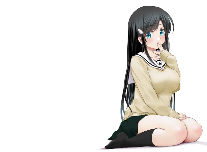 aqua_eyes black_hair imagawa_yoshimoto_(sengoku_otome) kneehighs kozue_akari long_hair school_uniform sengoku_otome skirt white