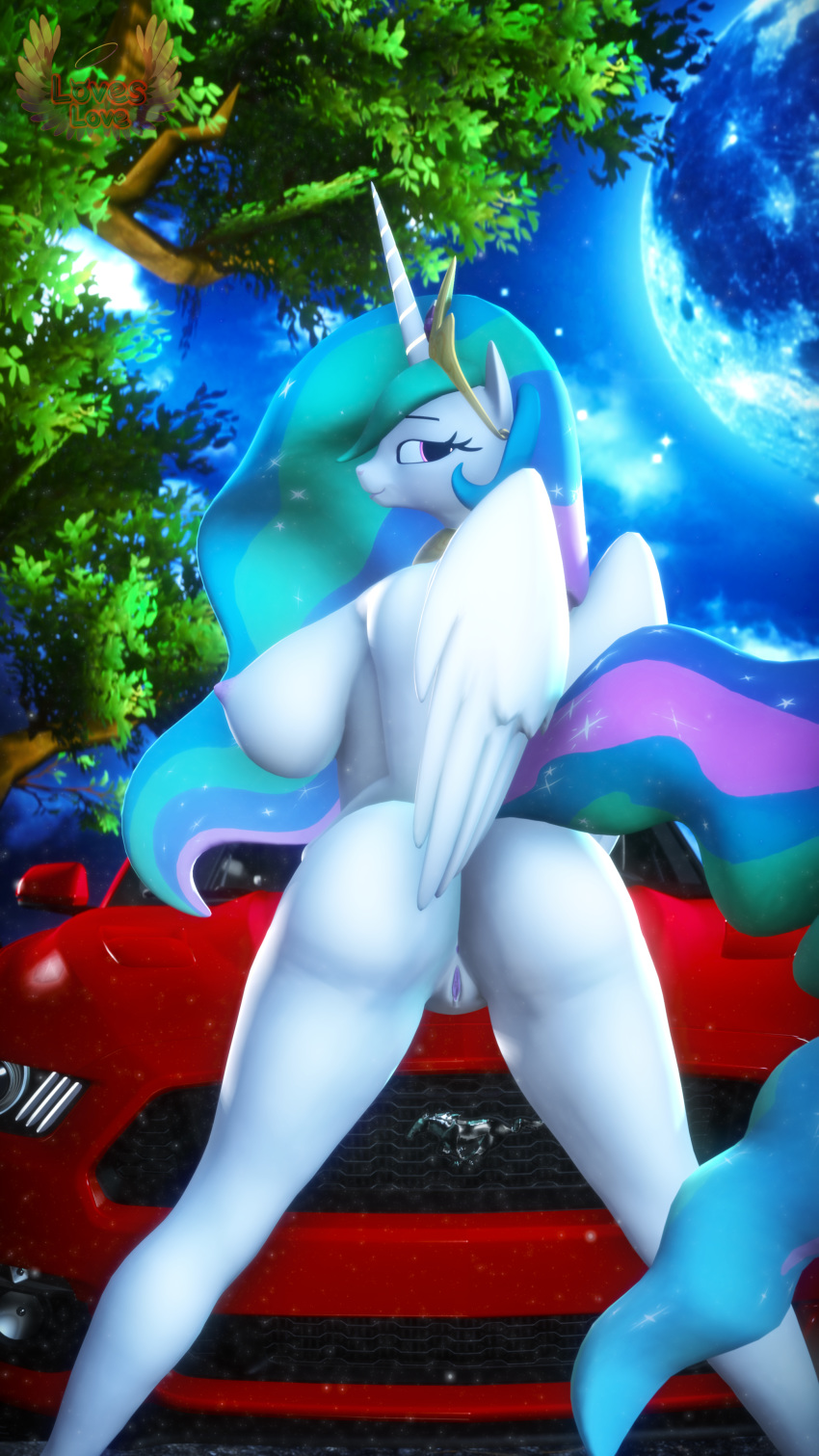 3d_(artwork) 9:16 absurd_res anthro bedroom_eyes big_breasts big_butt breasts butt car digital_media_(artwork) equid female friendship_is_magic genitals hi_res horn looking_back loveslove mammal moon my_little_pony narrowed_eyes princess_celestia_(mlp) pussy seductive solo tree vehicle winged_unicorn wings