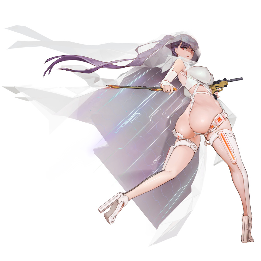 1girl al_phantom_(last_origin) ass bangs boots breasts from_behind full_body gun highres imi_uzi knife large_breasts last_origin leotard long_hair looking_at_viewer ponytail red_eyes rorobomb solo submachine_gun tachi-e thigh_boots thighhighs transparent_background veil weapon white_legwear