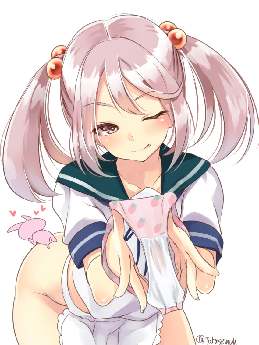 1girl apron bangs blush bottomless bunny eyebrows_visible_through_hair hair_bobbles hair_ornament heart highres holding holding_panties kantai_collection long_hair one_eye_closed open_mouth panties panties_removed pink_eyes pink_hair pink_panties presenting_panties sailor_collar sazanami_(kantai_collection) school_uniform serafuku short_sleeves simple_background stained_panties takase_muu twintails underwear white_background