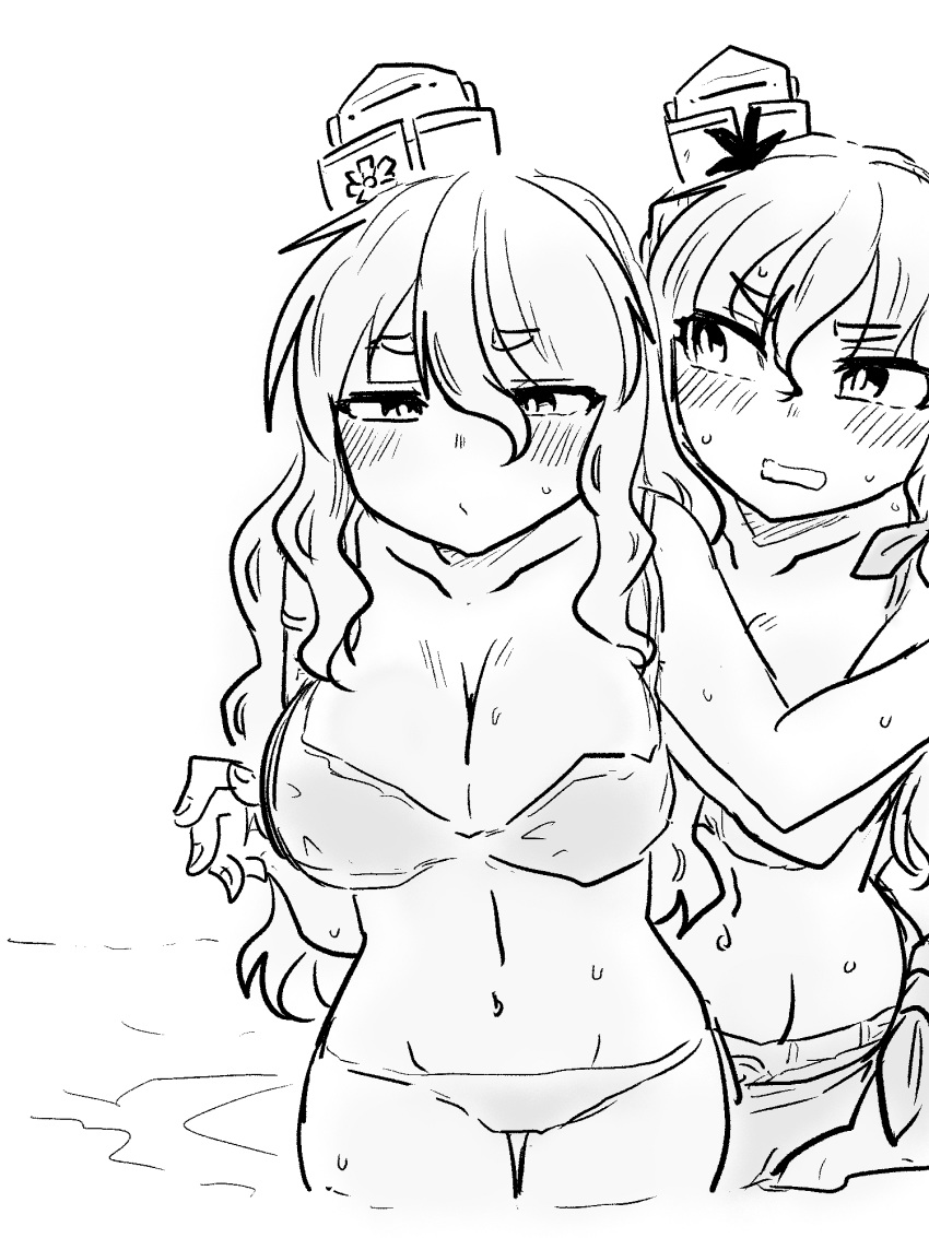 2girls alternate_costume bangs bikini blush braid breasts cleavage closed_mouth collarbone commentary eyebrows_visible_through_hair fingernails greyscale hair_between_eyes hair_ribbon half-closed_eyes hat highres kantai_collection long_hair midriff mini_hat monochrome multiple_girls navel partially_submerged pola_(kantai_collection) poyo_(hellmayuge) ribbon sarong side_braid sweat swimsuit thick_eyebrows tilted_headwear water wavy_hair zara_(kantai_collection)